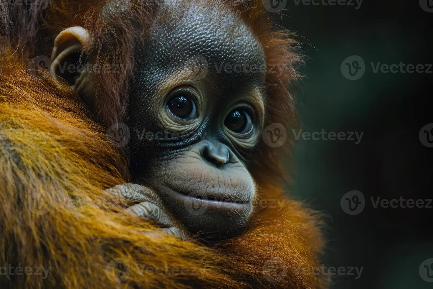 Baby orangutan hugging itself looking at the viewer photo