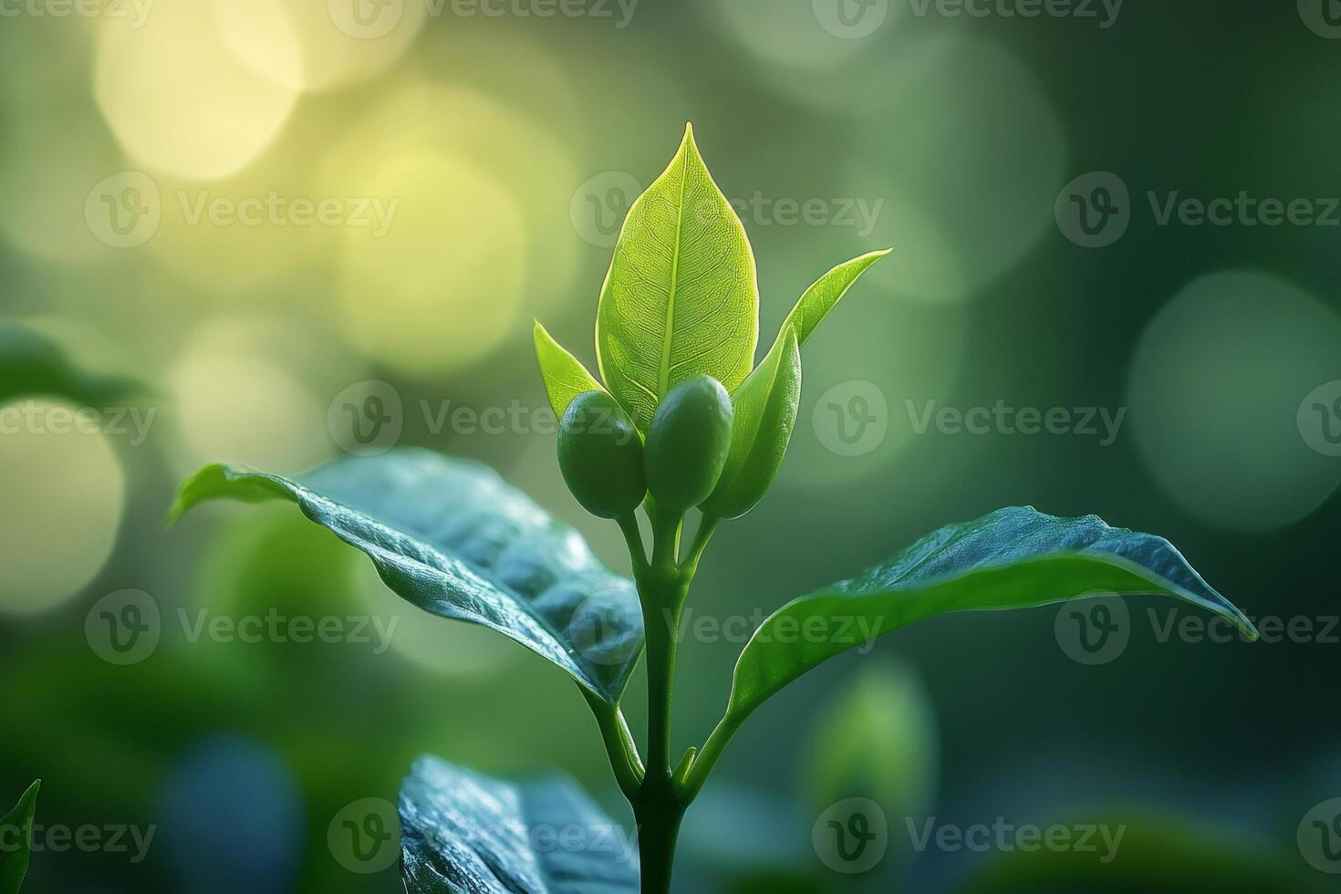 Young coffee plant growing with blurred background and bokeh effect photo