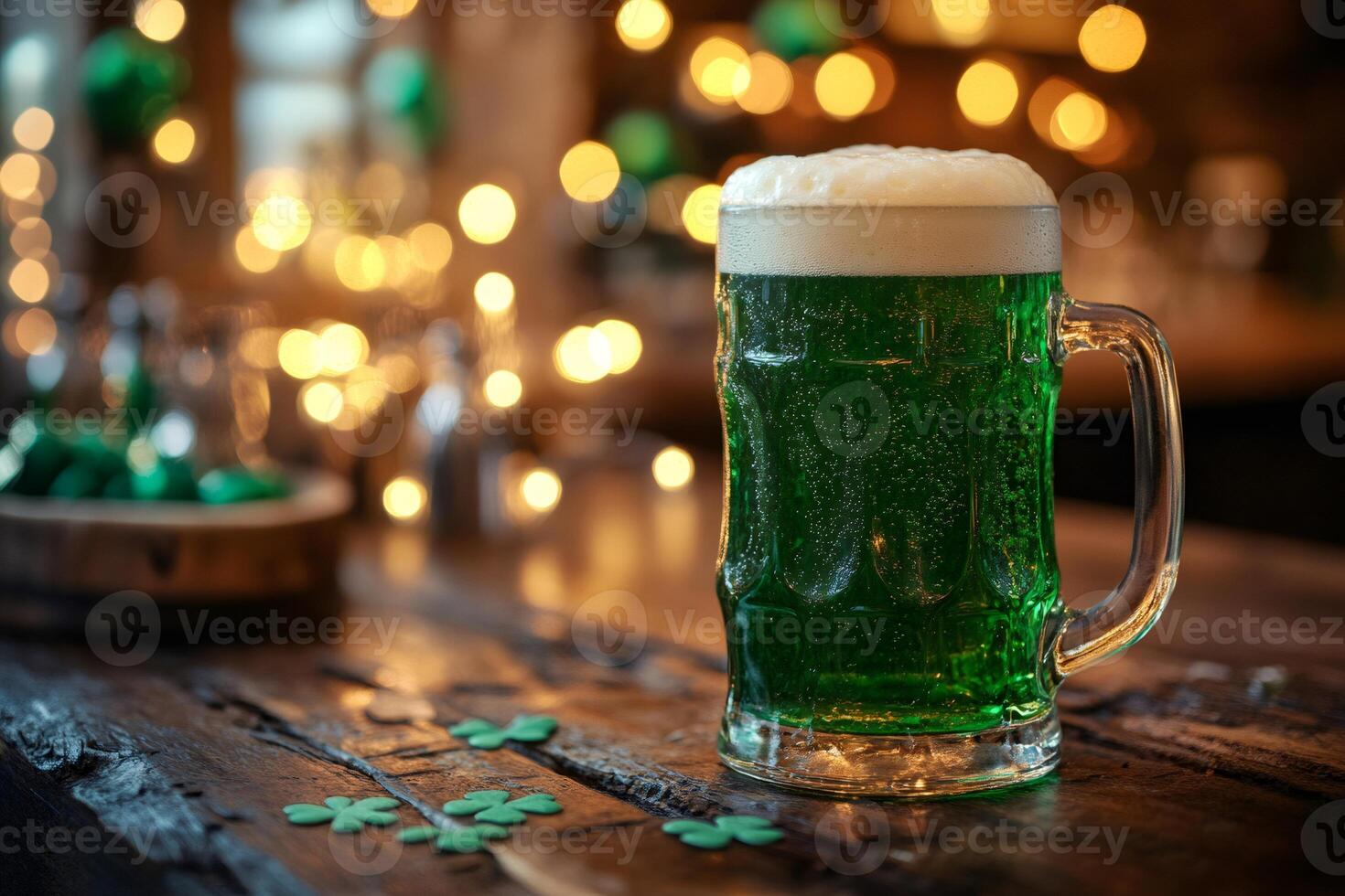 Green beer celebrating Saint Patrick's Day with shamrocks on wooden pub counter photo