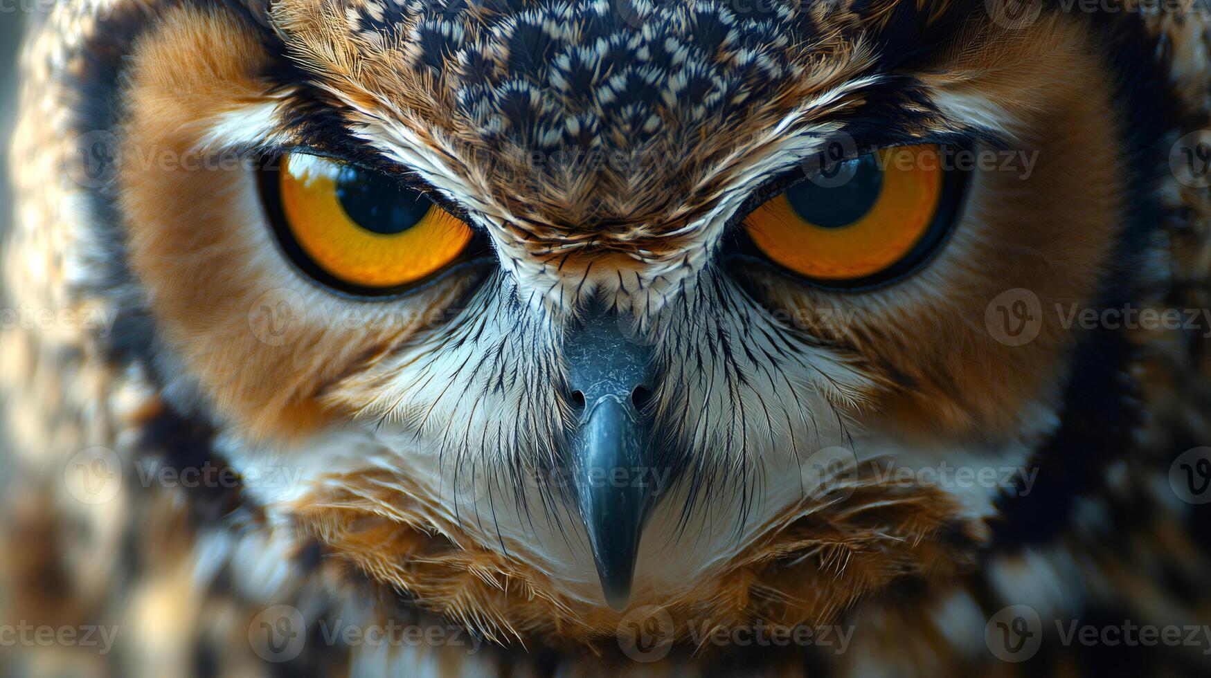 Owl staring intensely with bright orange eyes photo