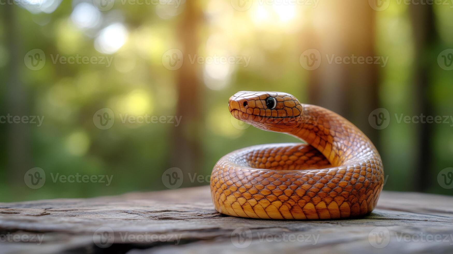 Copperhead rat snake resting on wood in forest photo