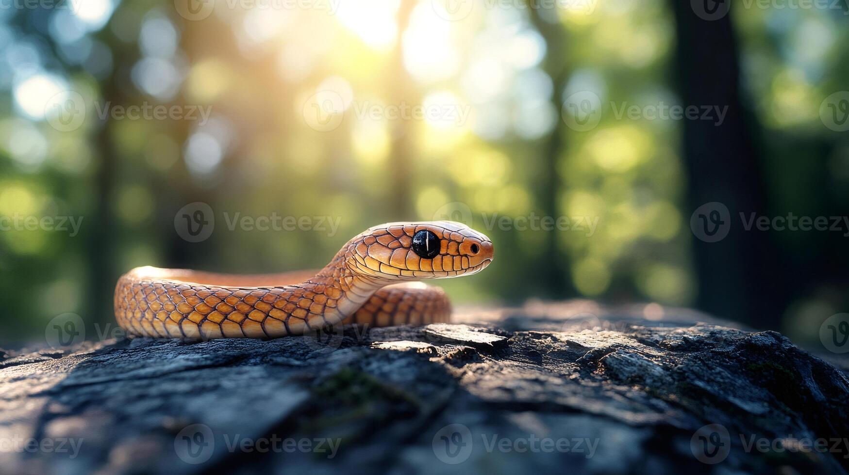 Corn snake resting on a rock in the forest illuminated by sunlight photo