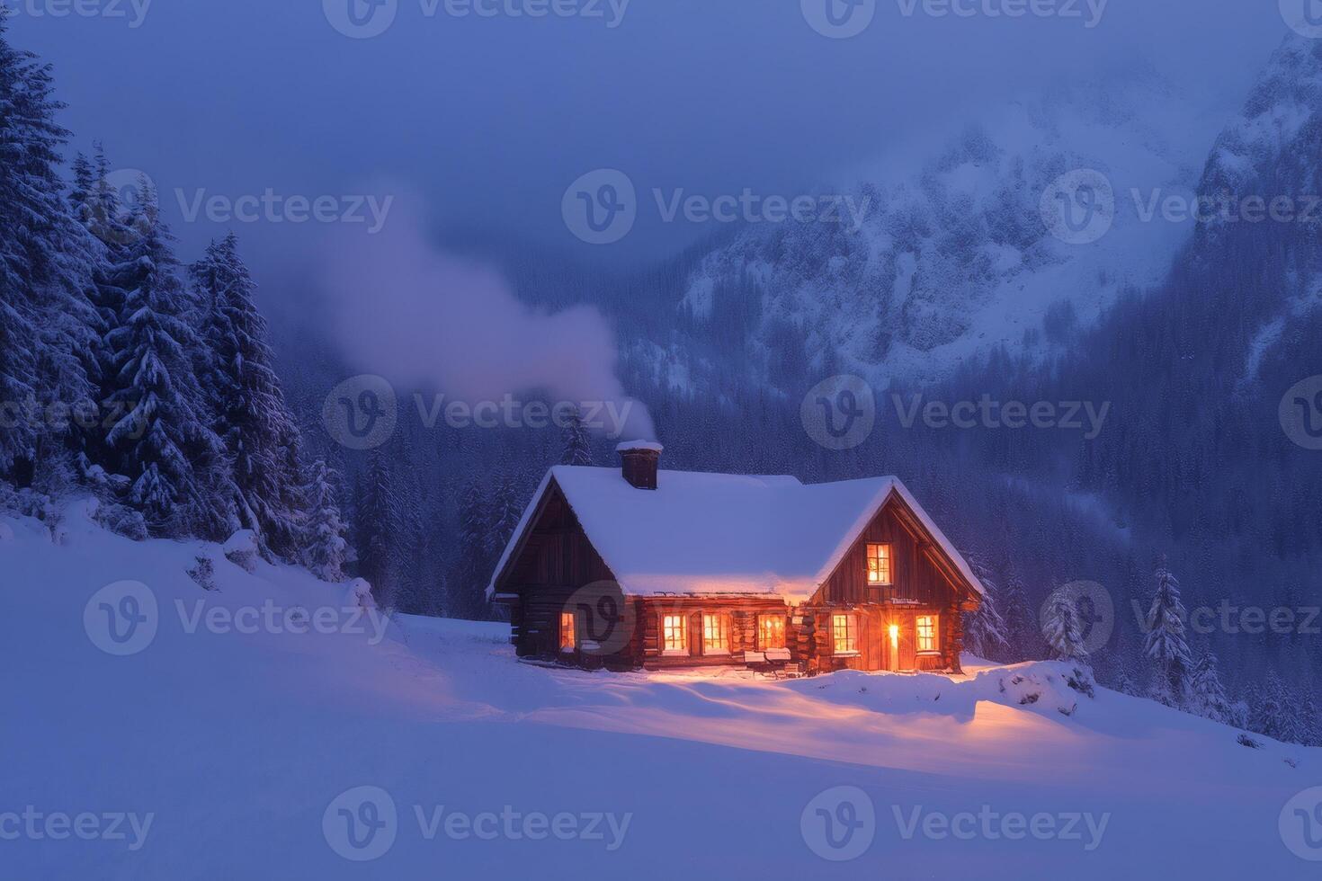Cozy wooden cabin glowing in snowy mountain landscape at dusk photo
