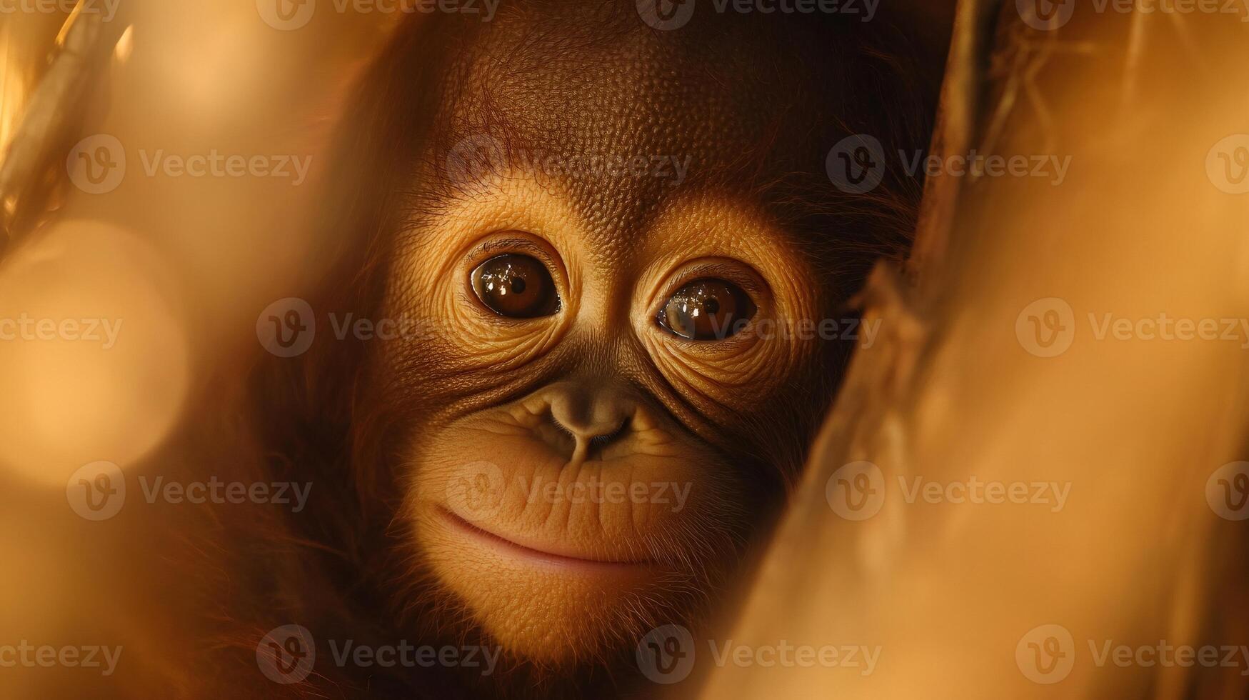 Baby orangutan hiding behind branches looking at viewer photo