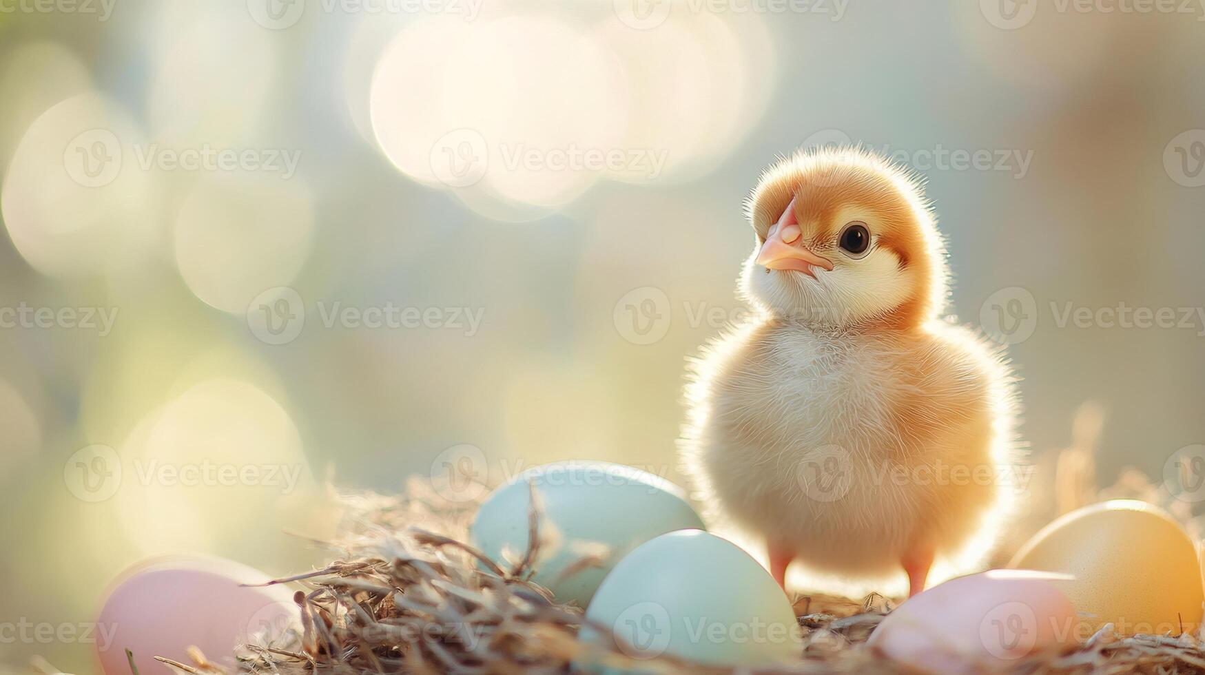 Little chick standing in nest with easter eggs during sunrise photo