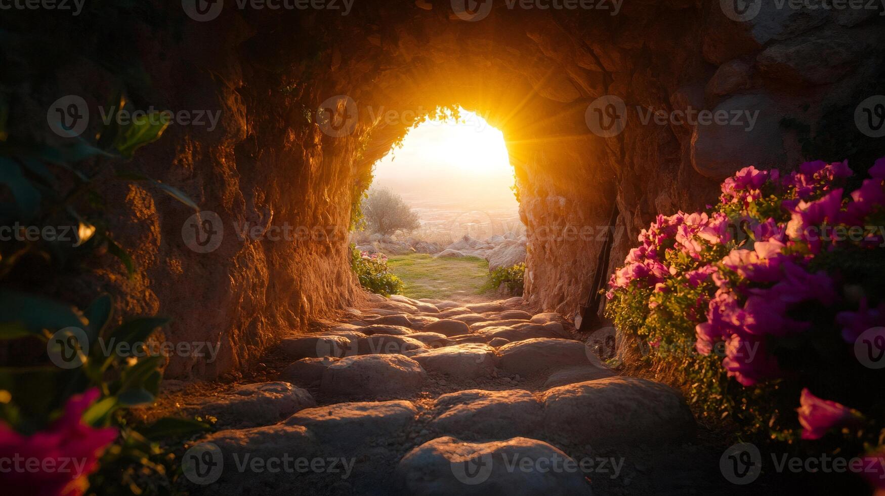 Light at the end of the tunnel illuminating purple flowers and stone path photo