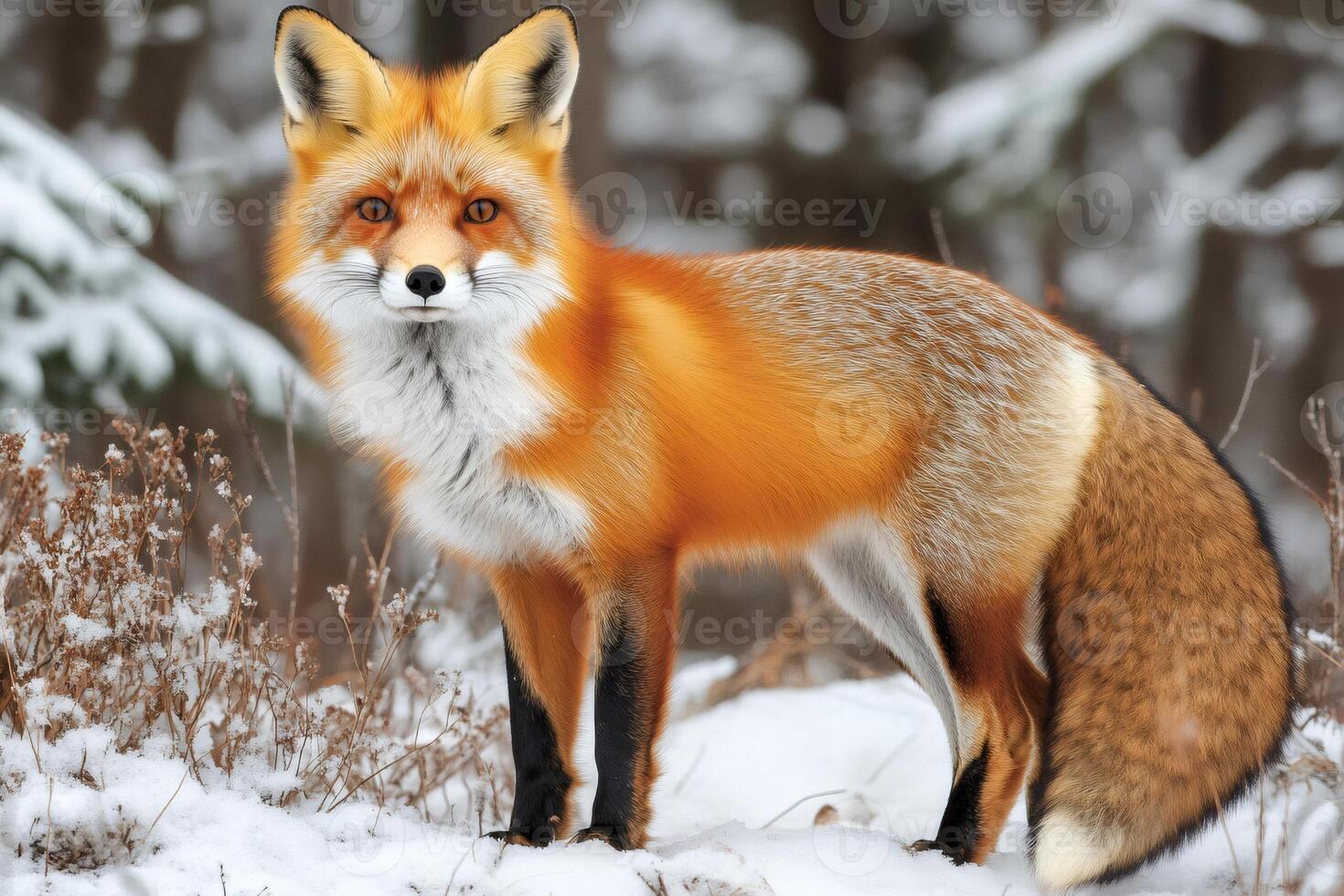Red fox standing in snowy forest during winter photo