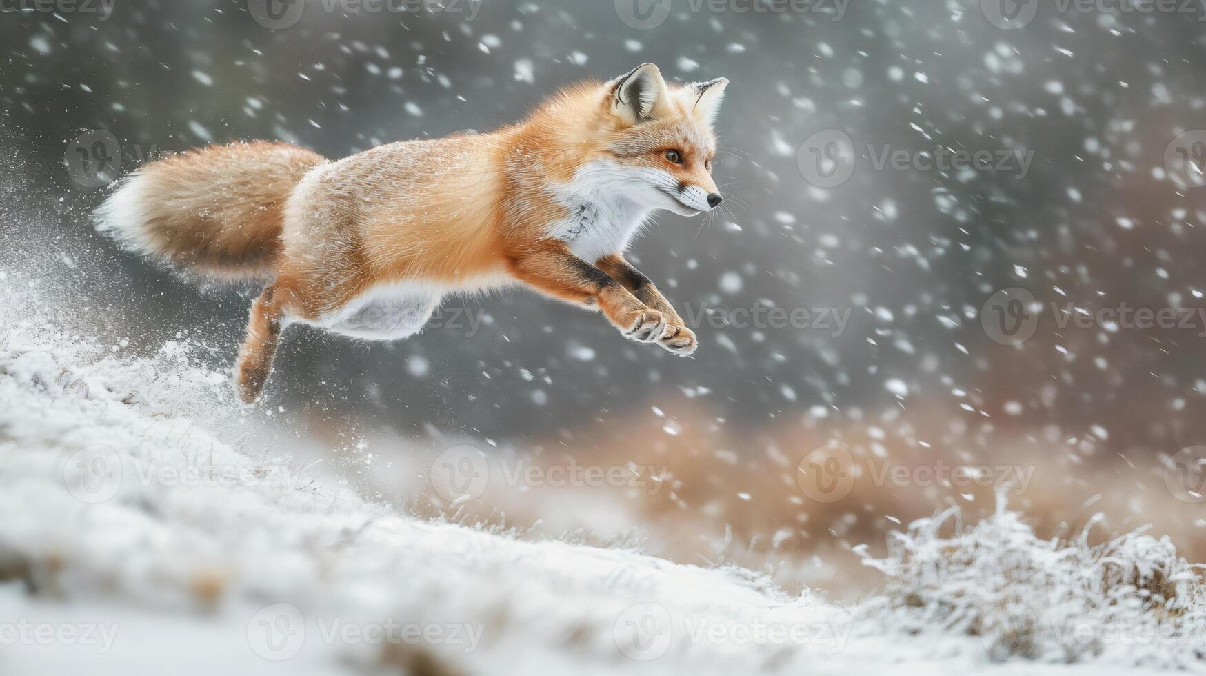 Red fox jumping in the snowy forest during snowfall photo