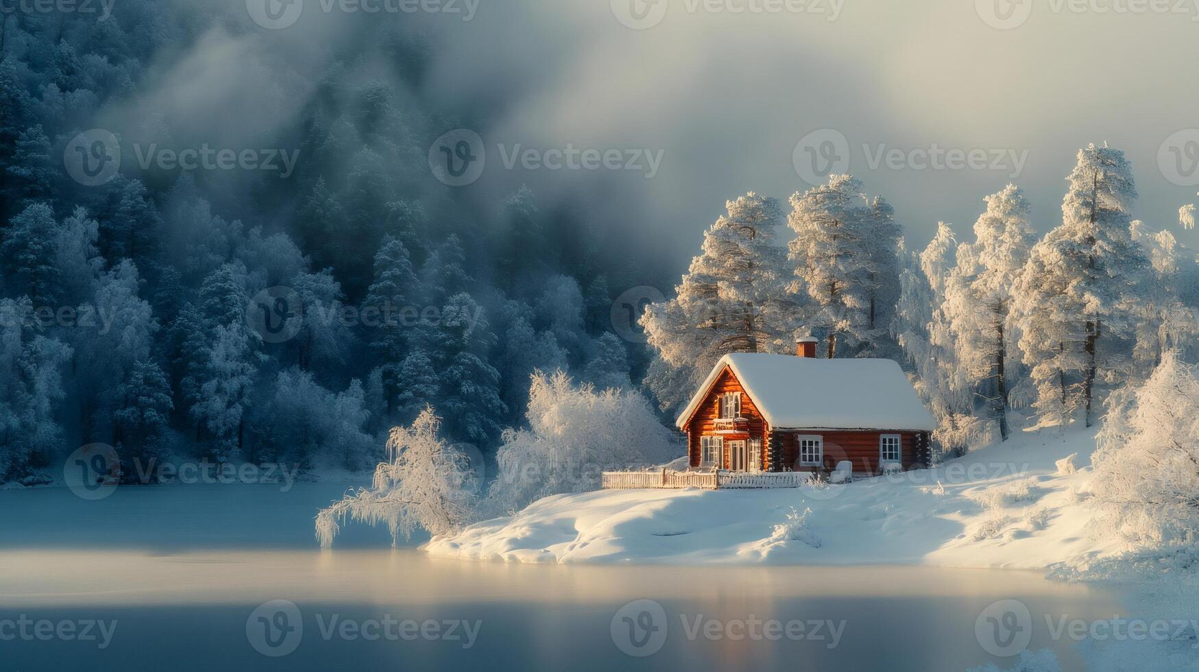 Red wooden cabin reflecting in a frozen lake during a misty sunrise in a snowy forest photo