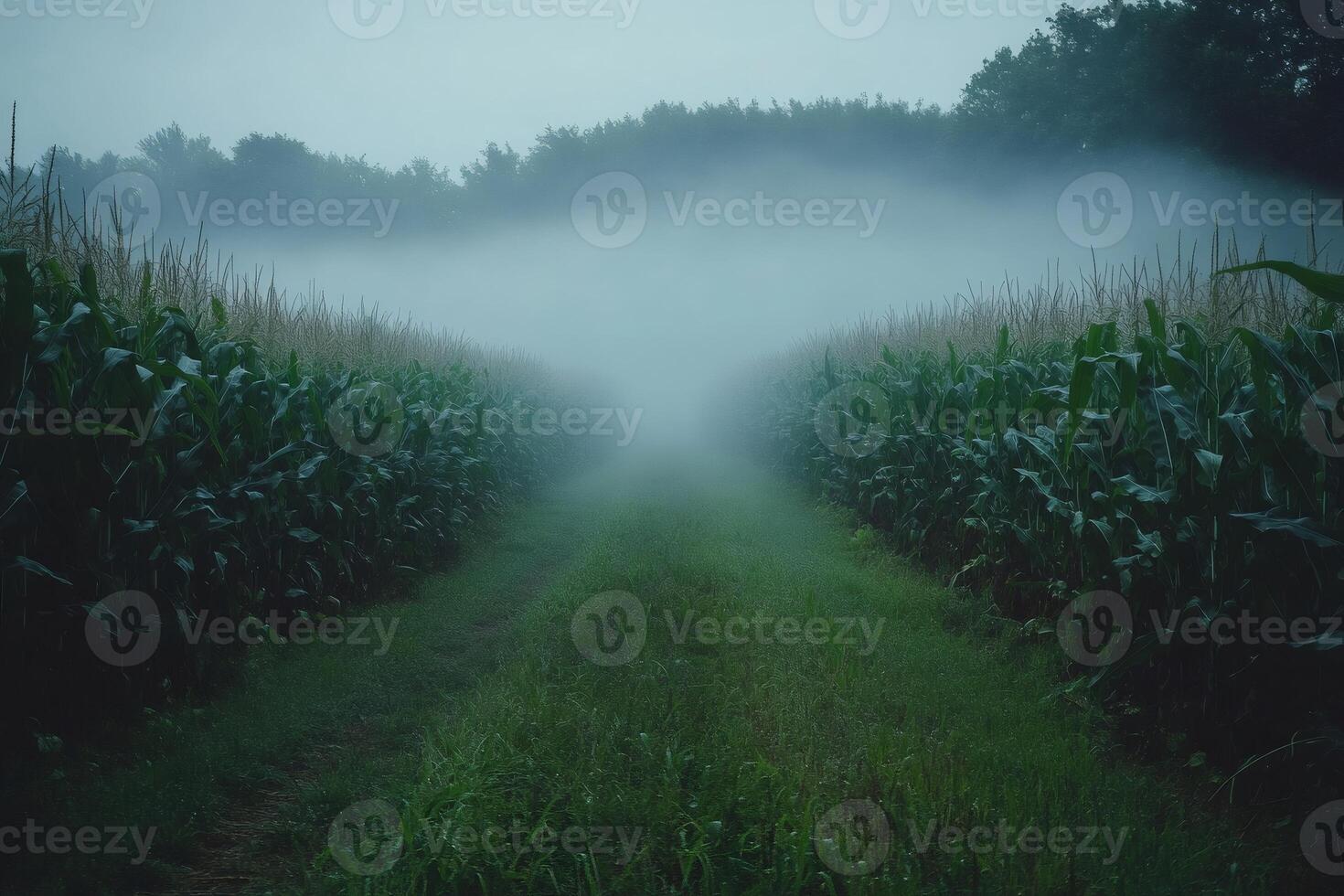 Fog rolling through a cornfield at dawn creating a mysterious path photo