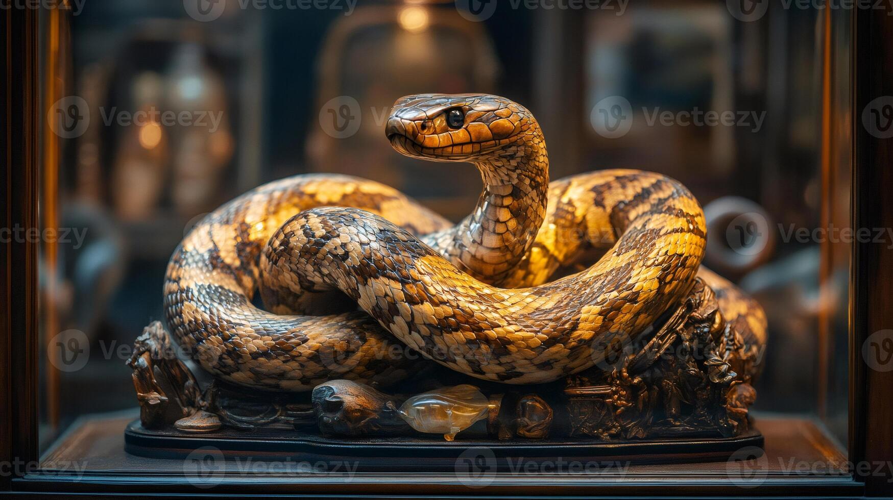 Snake statue resting on a wooden base inside a glass display case photo