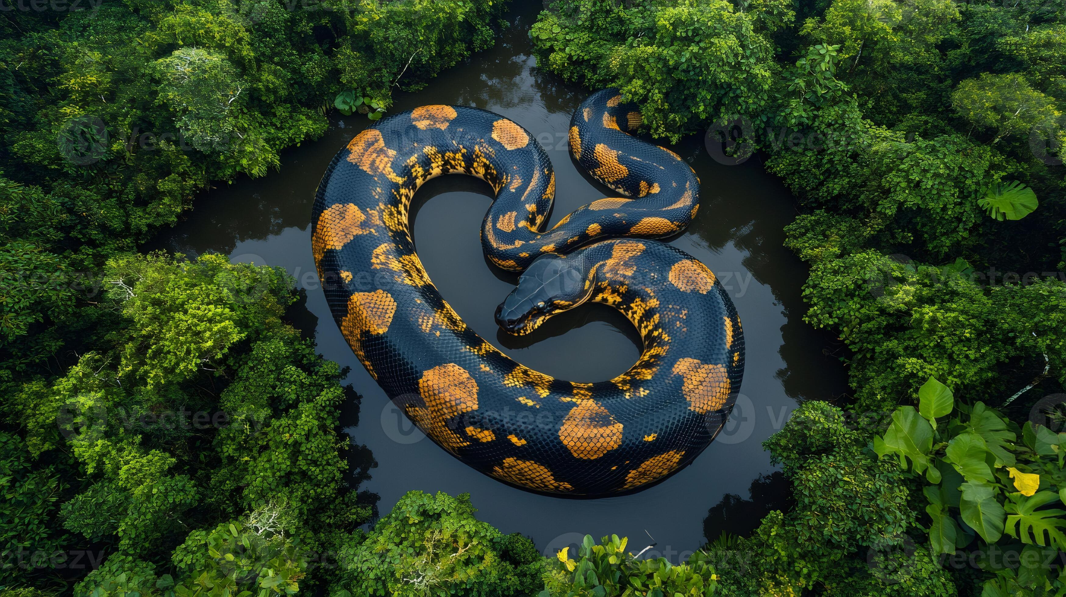 Large reticulated python resting in swamp, surrounded by lush green ...