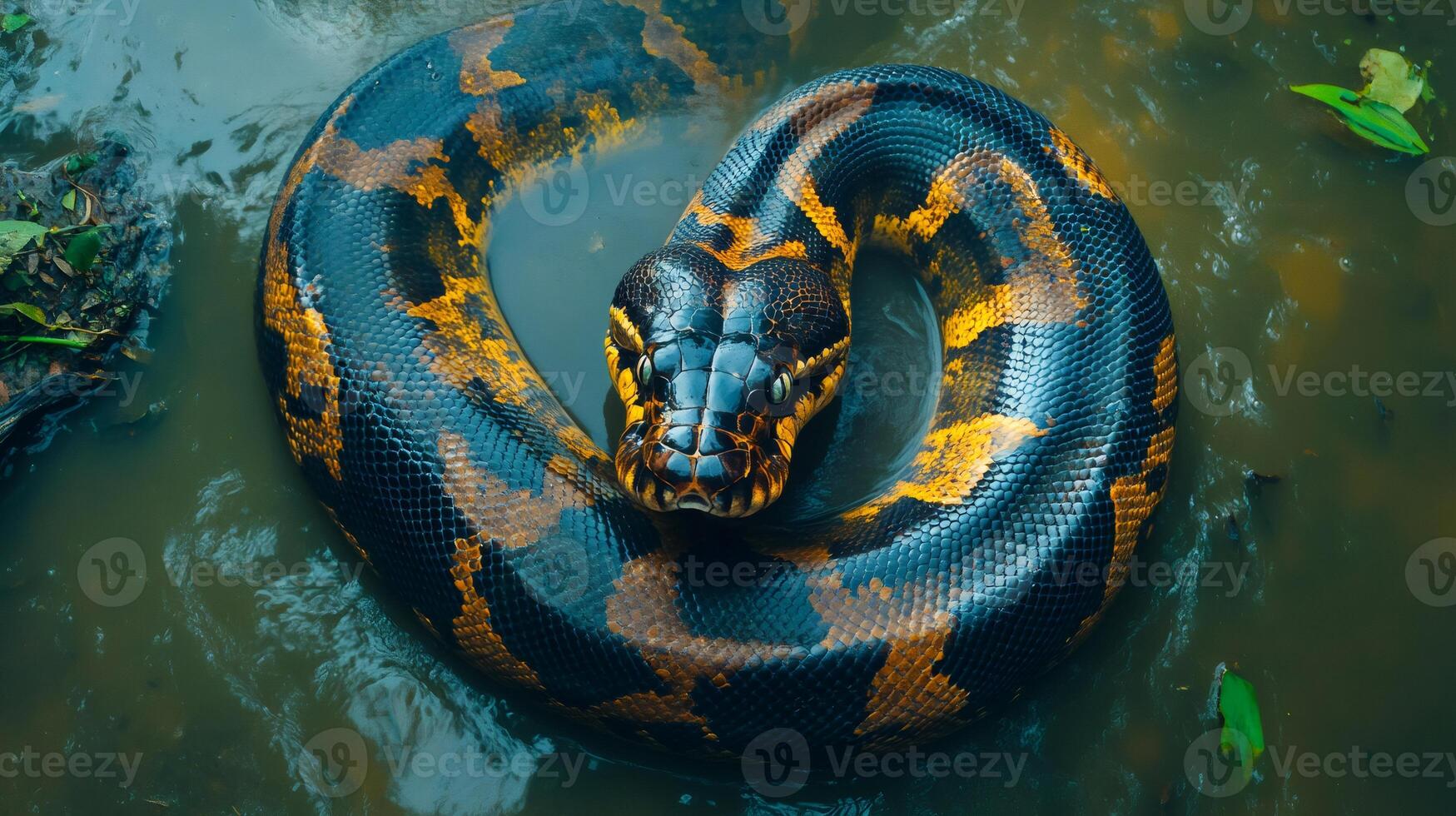 Large python curled up and floating in swamp water photo