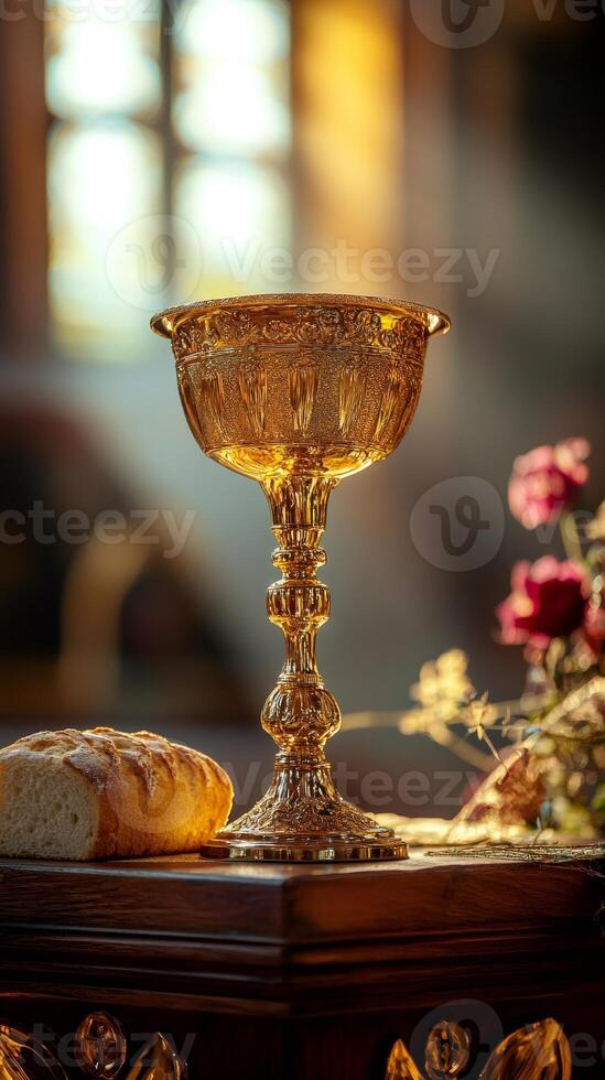 Golden chalice and bread representing the Holy Communion in a church photo