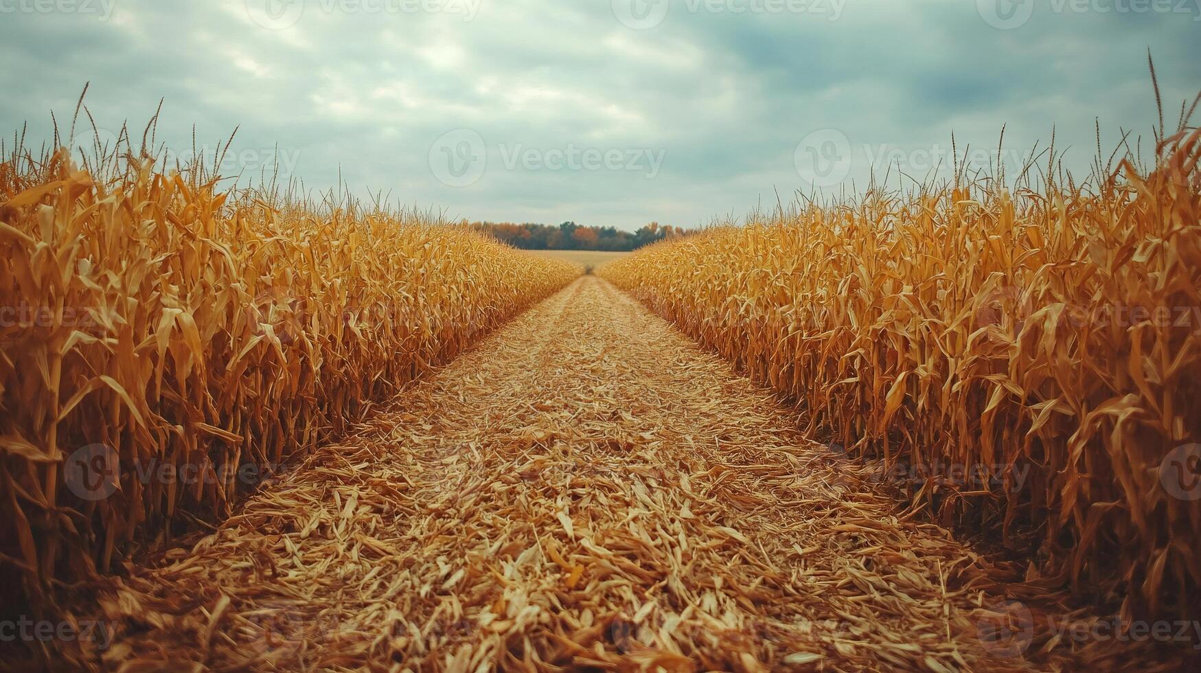 Path cutting through a golden cornfield ready for harvest under cloudy sky photo