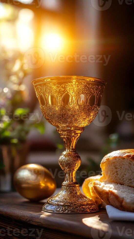 Golden chalice, bread and golden egg celebrating communion at Easter mass photo