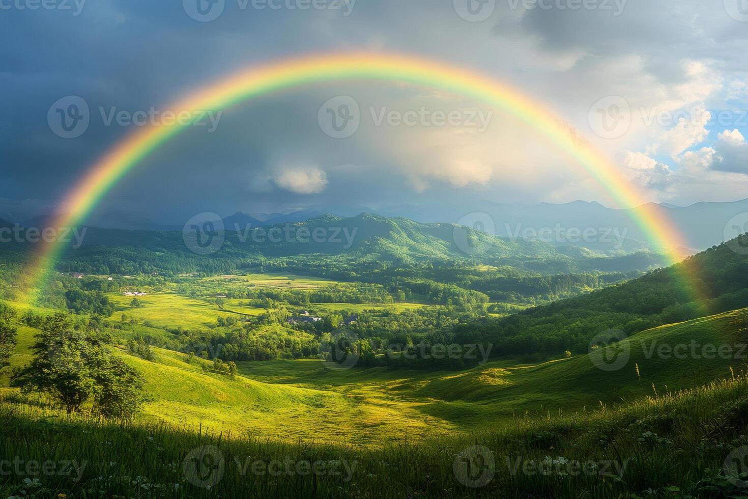 Bright rainbow appearing over green valley and mountains photo