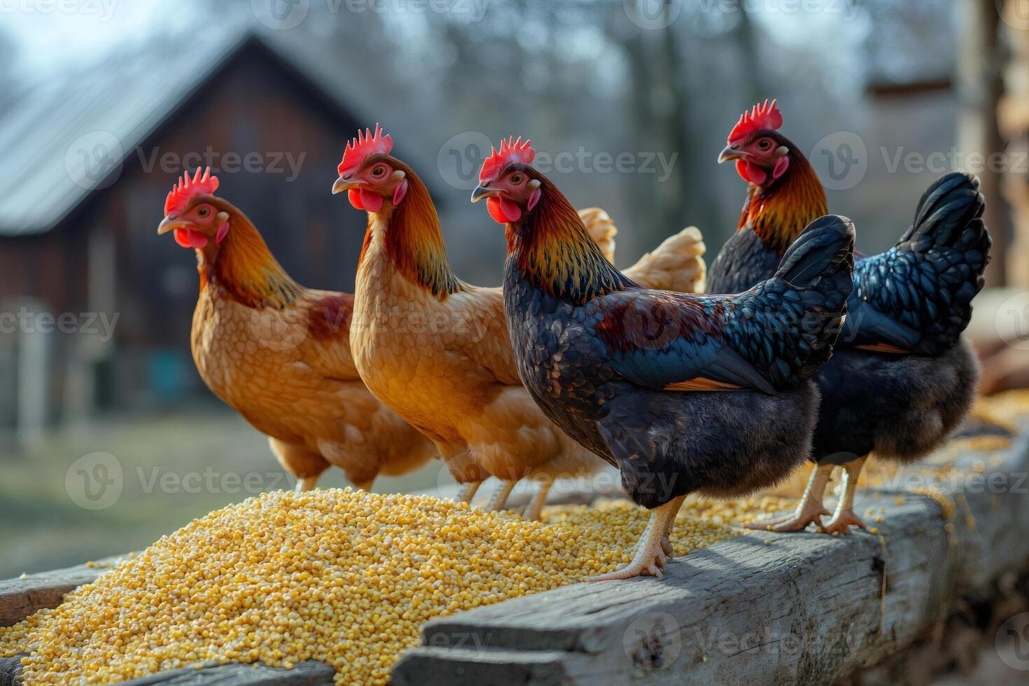 Hens eating corn in a chicken coop photo