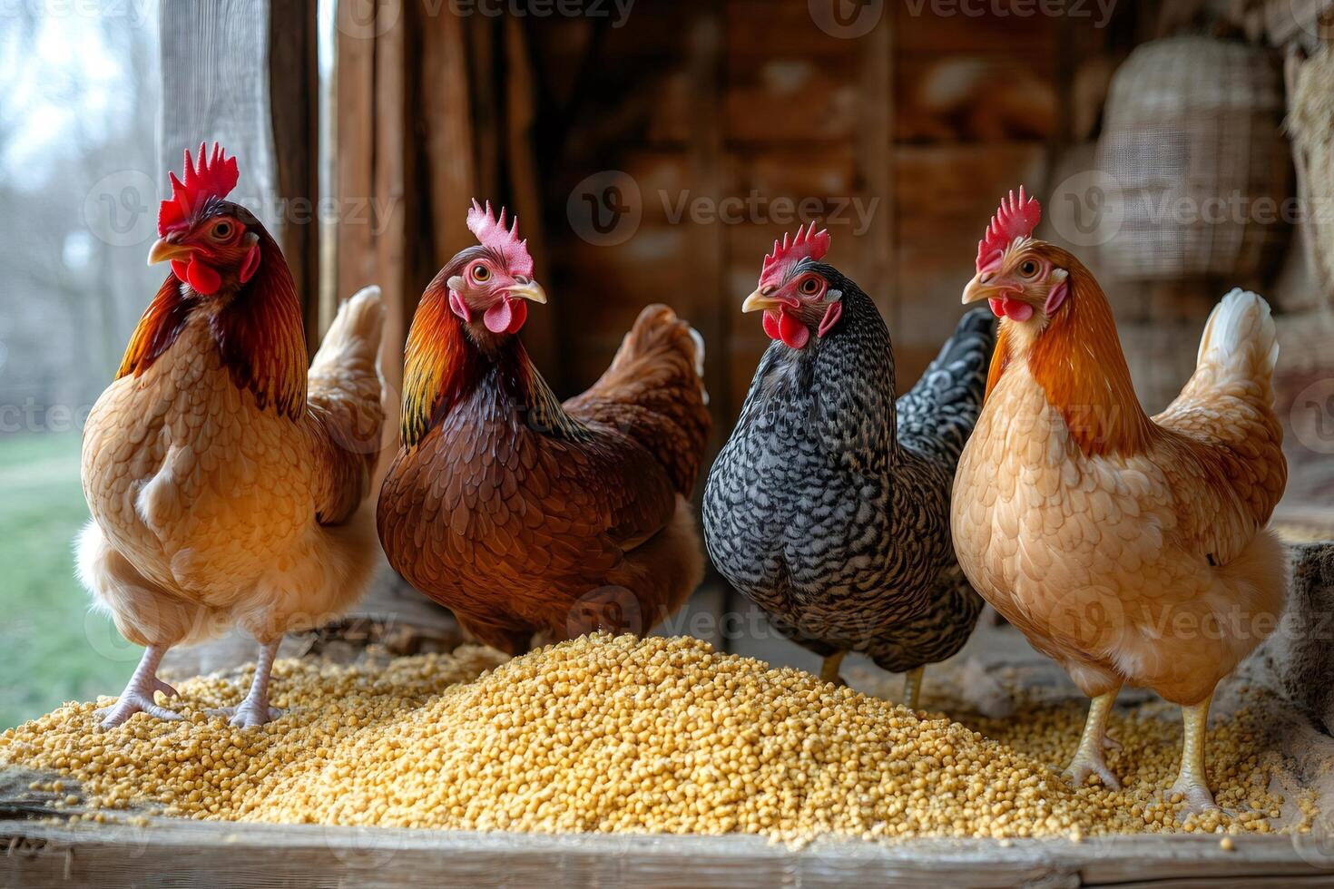 Four chickens feeding on a pile of grain inside a coop photo