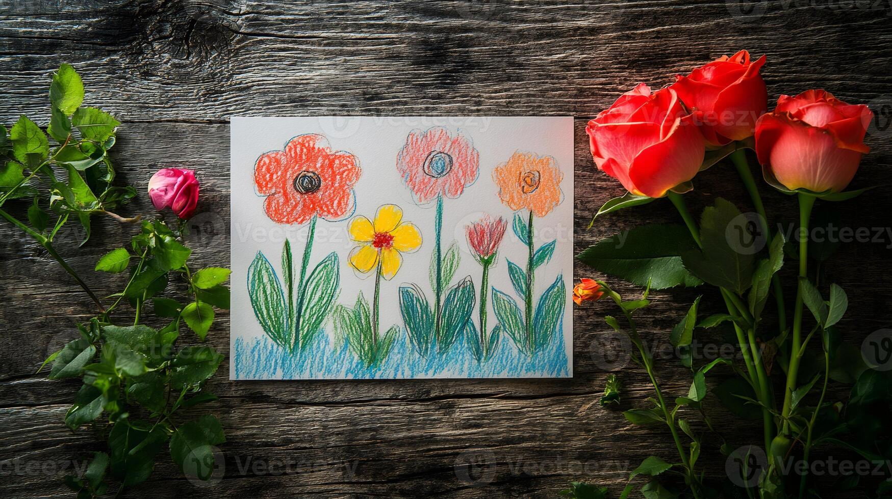 Colorful child's drawing of flowers with real roses on rustic wooden background photo