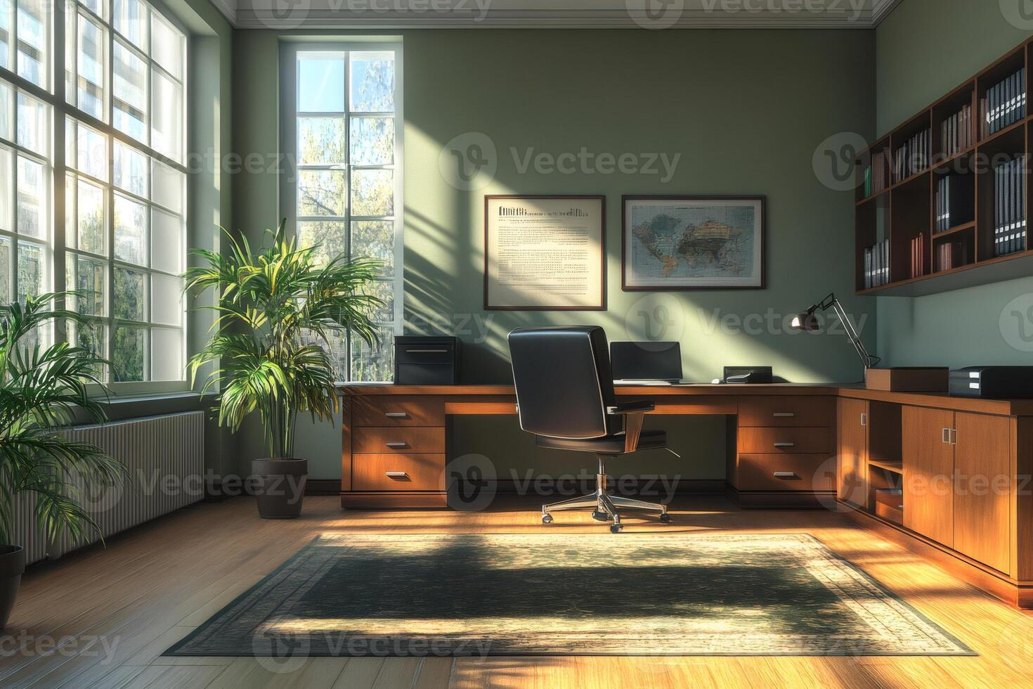 Sunlight illuminating home office with large windows and plants photo