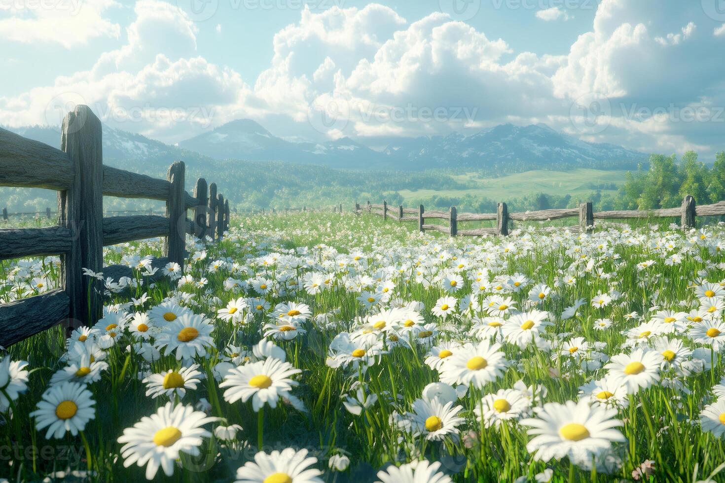 Daisies blooming in a field near a wooden fence with mountains in the background photo