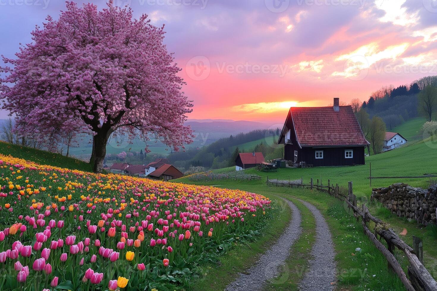 Blooming cherry tree and tulips illuminating the path to the farmhouse at sunset photo