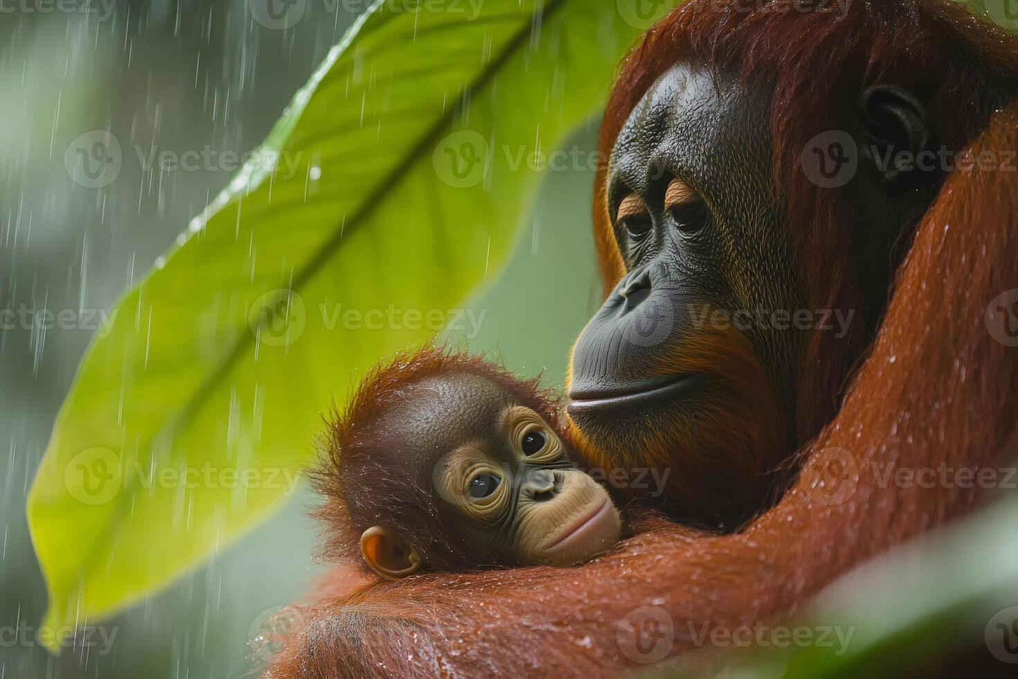 Mother orangutan embracing baby orangutan in the rainforest during a tropical rain photo