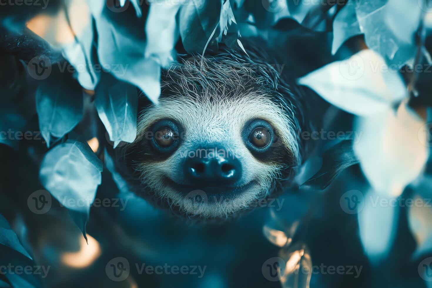 Smiling sloth hiding in the rainforest vegetation photo