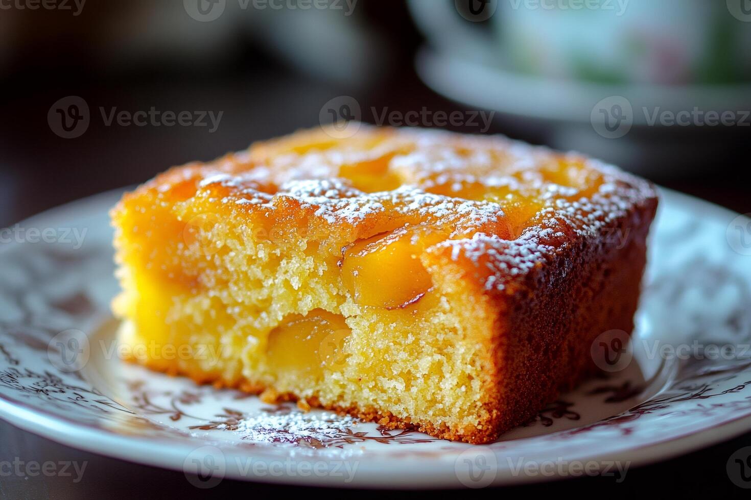 Slice of delicious apricot cake resting on a plate photo