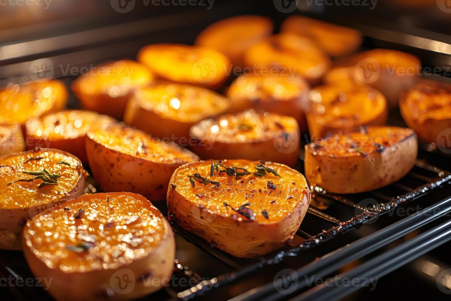 Slices of potato baking in oven with herbs and spices photo