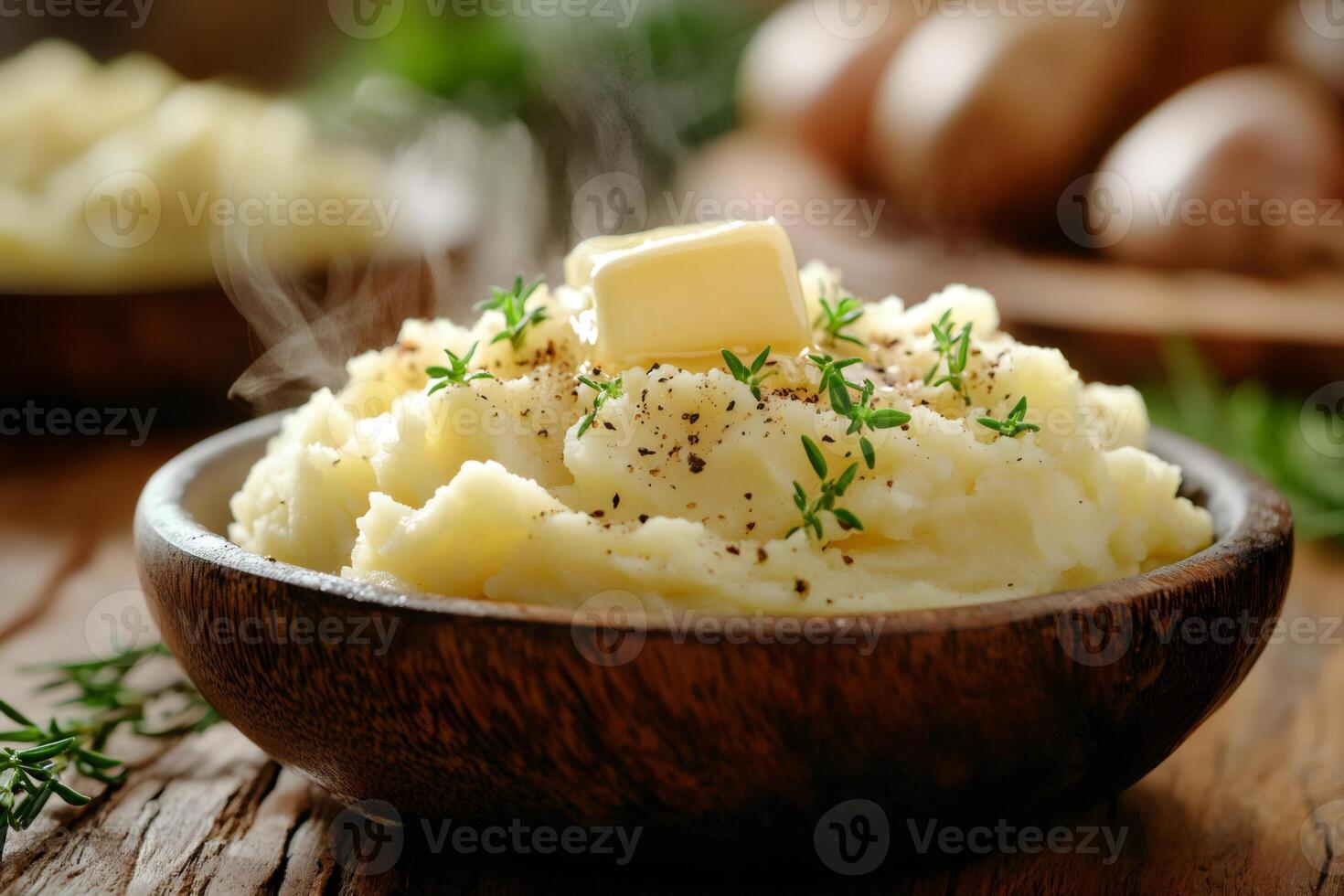 Steaming mashed potatoes with melting butter and thyme in wooden bowl photo