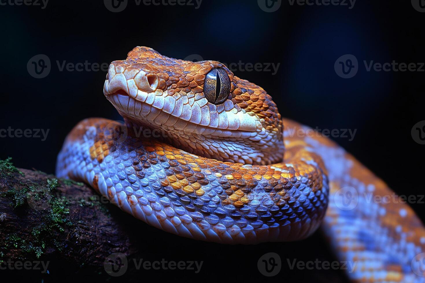 Colorful snake resting on a branch with intense look photo