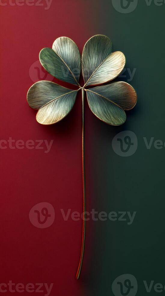 Golden four-leaf clover standing on colorful background representing luck and fortune photo