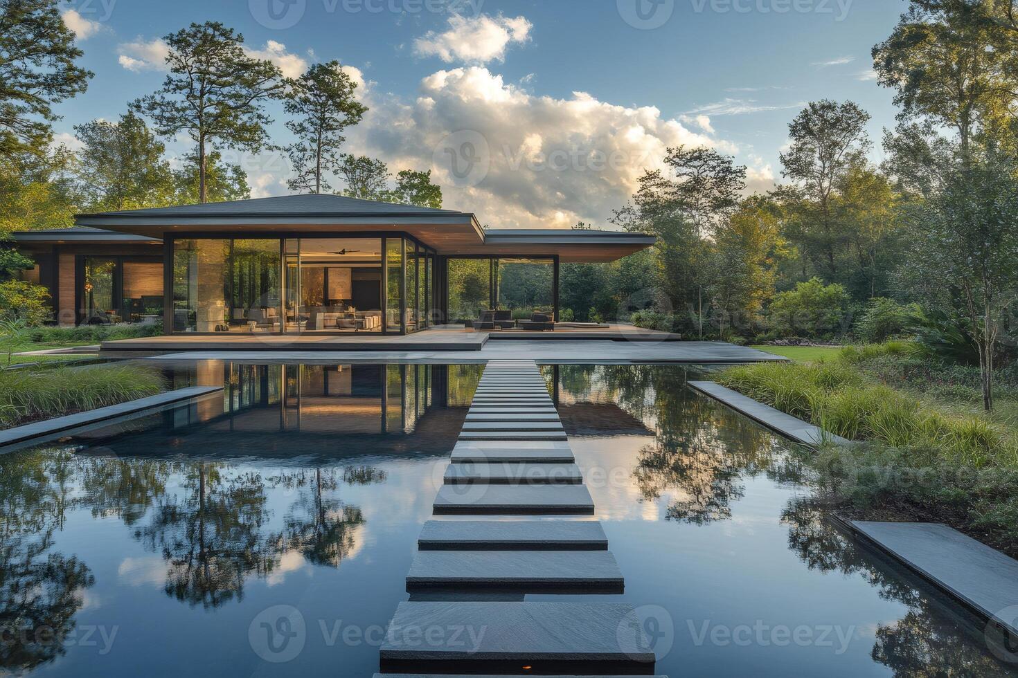 Modern house with reflecting pool and stepping stones in a lush forest setting photo