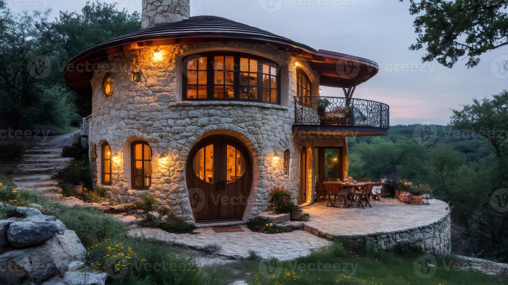 Charming stone hobbit house illuminating the twilight forest landscape photo