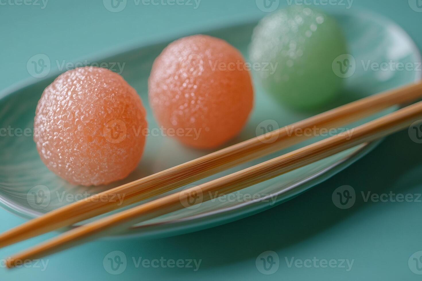 Colorful wagashi mochi with chopsticks resting on a ceramic plate photo