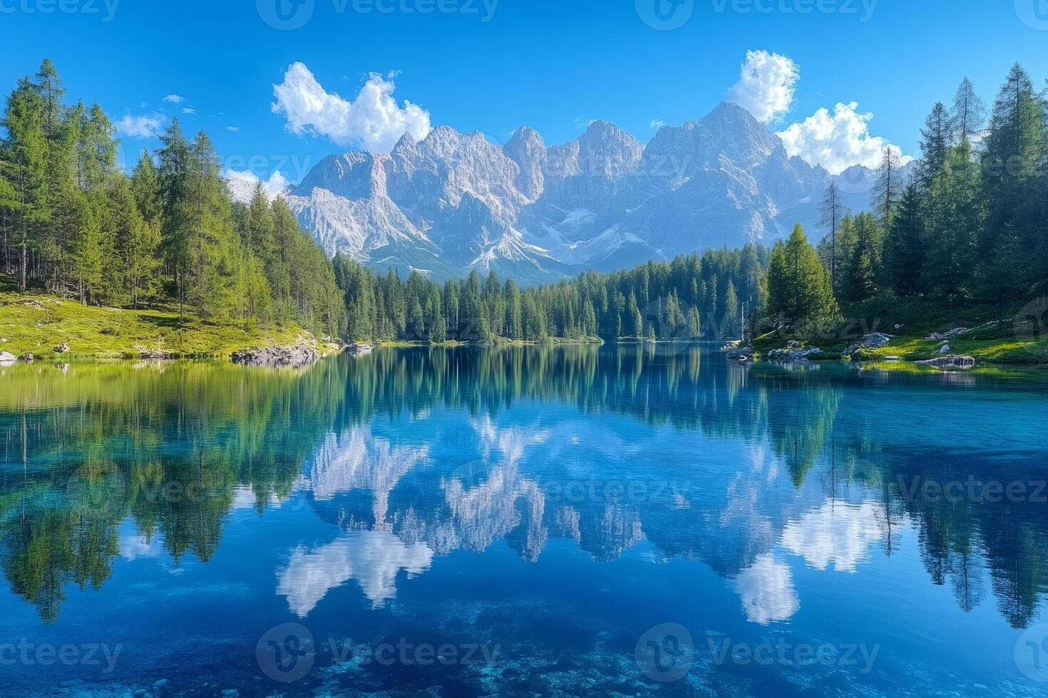 Lago di Sorapis reflecting Cadini di Misurina mountain range on a sunny day photo