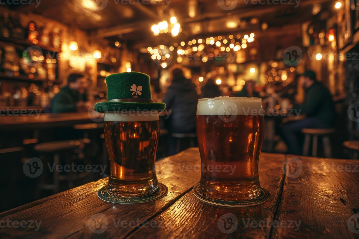 Two glasses of beer celebrating Saint Patrick's Day in a traditional Irish pub photo