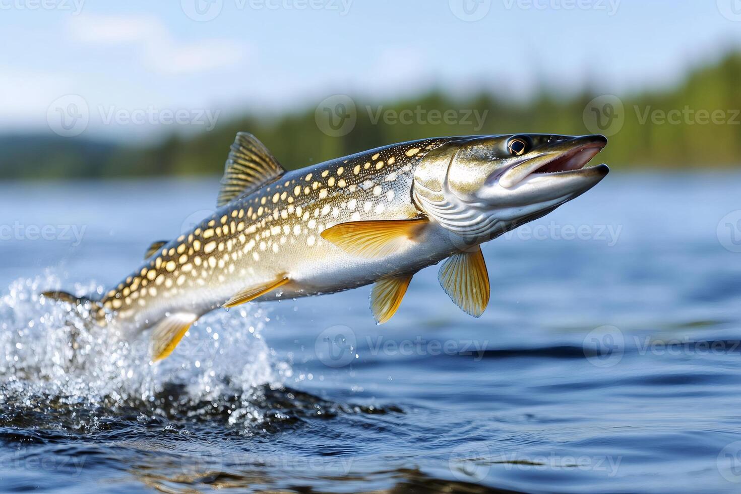 Lake trout jumping out of the water with open mouth photo