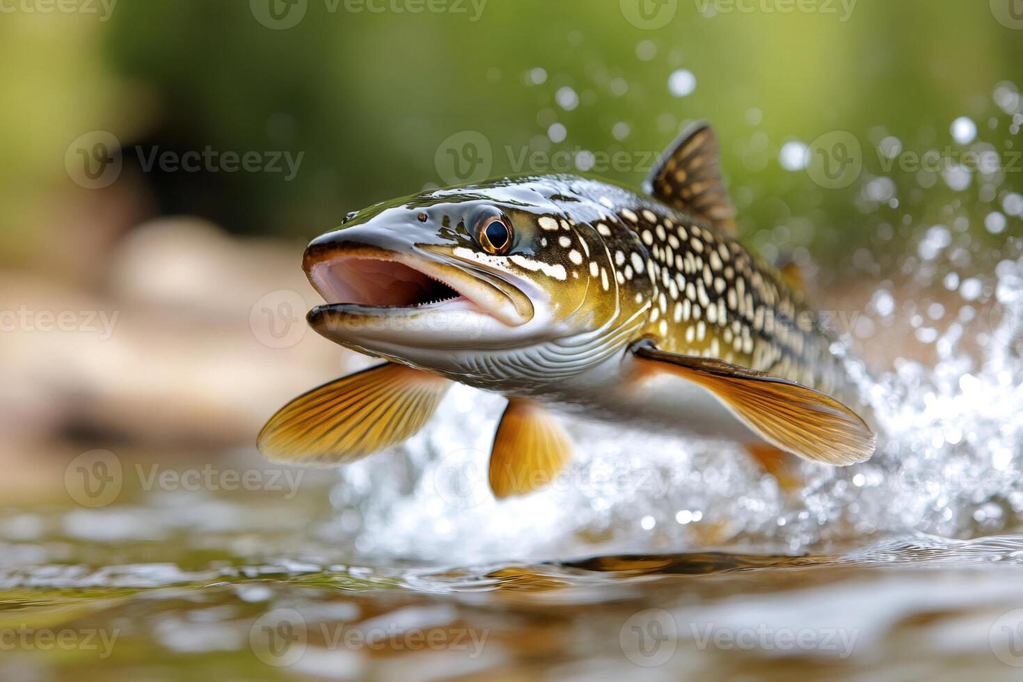 Brook trout jumping out of fresh water making splash photo