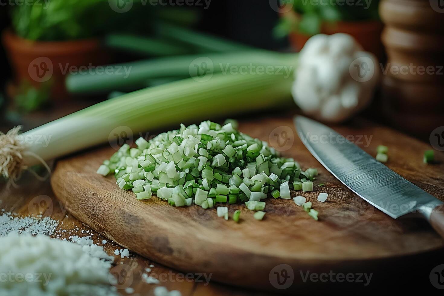 Chopped leeks on cutting board with knife and other vegetables photo
