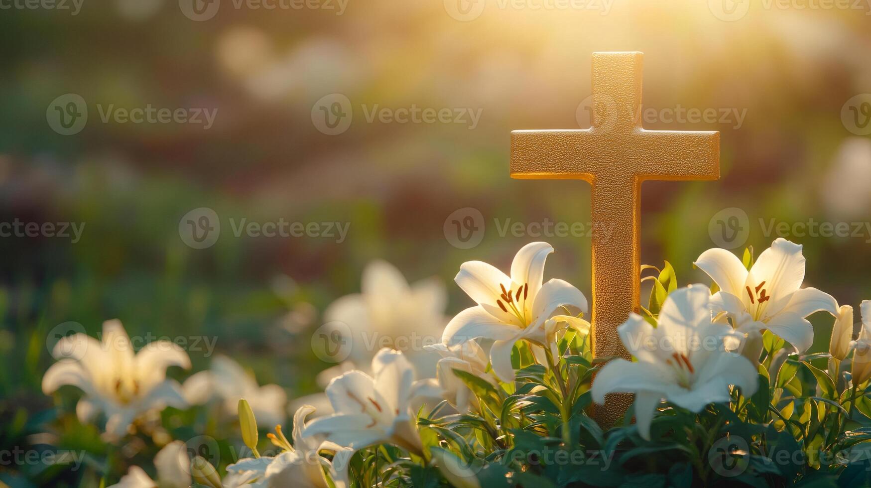 Golden christian cross standing in a field of white lilies at sunset.. photo
