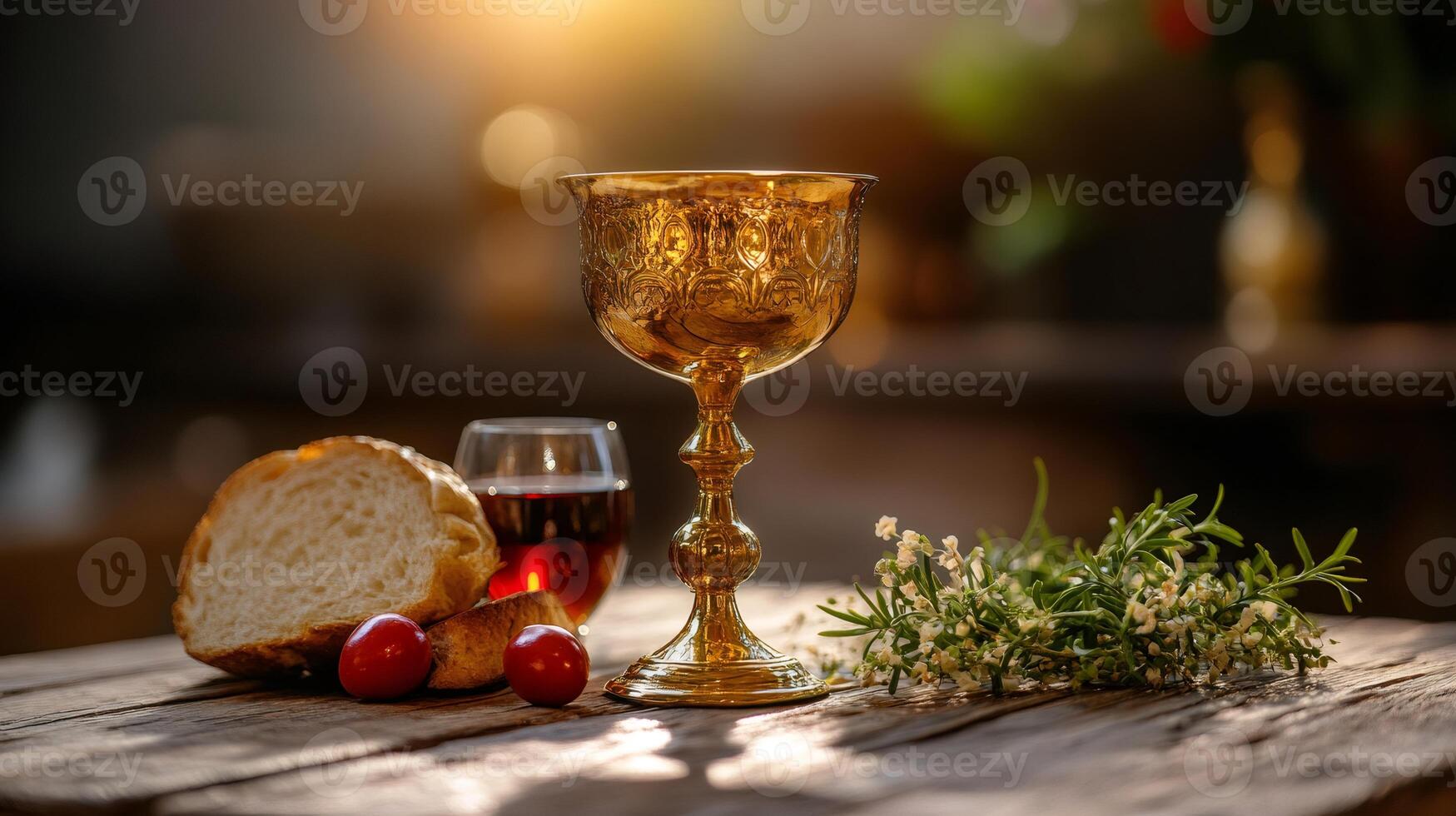 Golden chalice with wine and bread on wooden table, celebrating the Holy Communion photo
