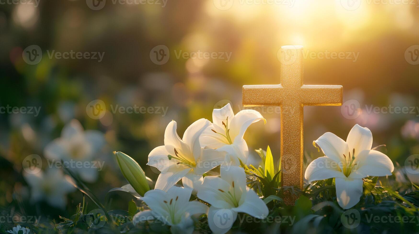 Golden christian cross standing in a field of white lilies at sunset- photo
