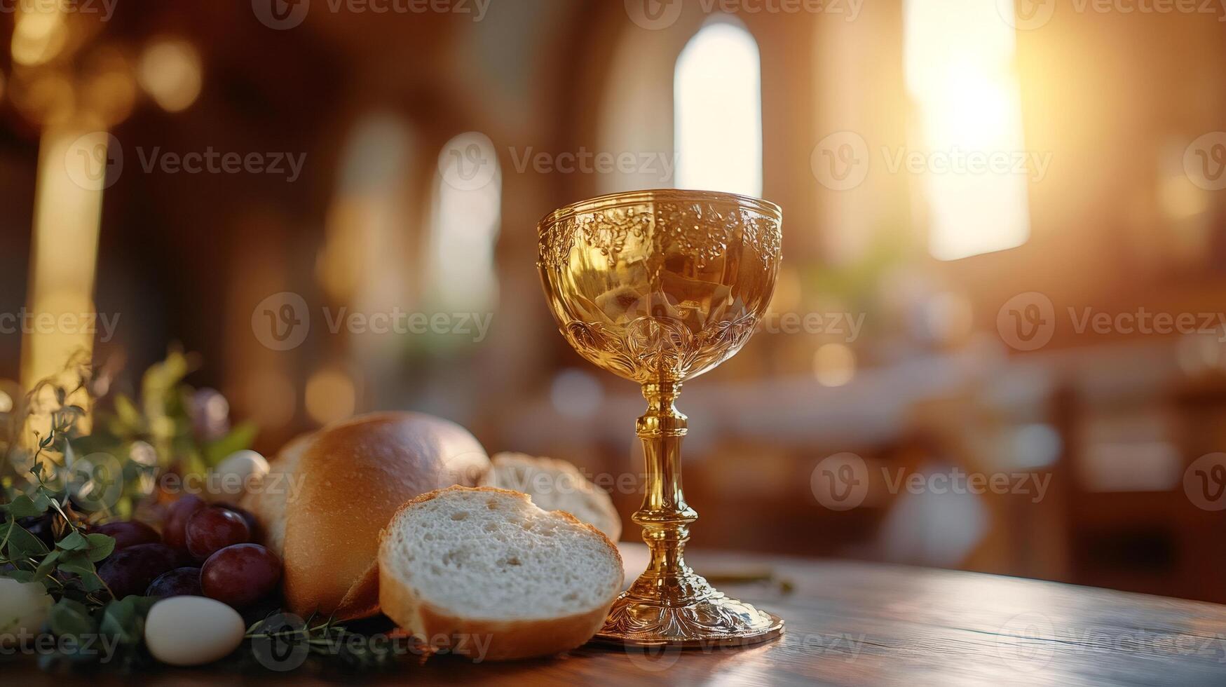 Golden chalice, bread and grapes resting on wooden table inside church photo