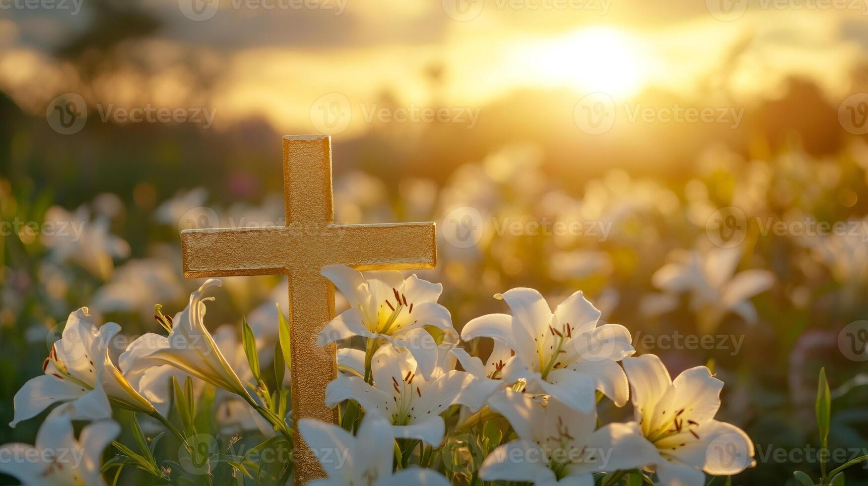 Golden christian cross standing in a field of white lilies at sunset. photo