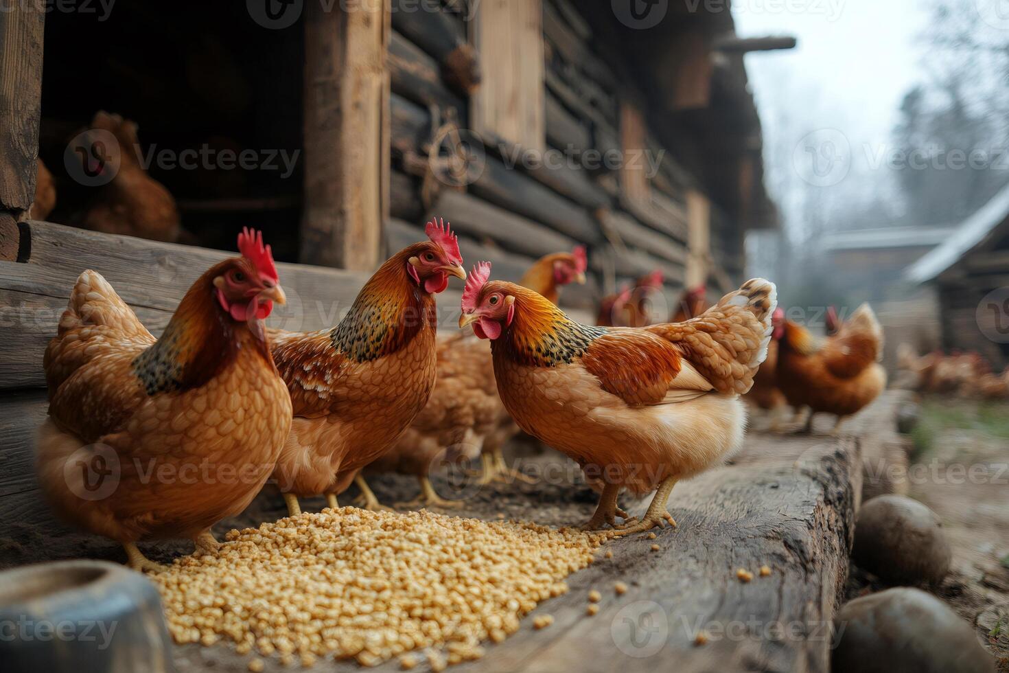 Hens eating corn in front of a wooden chicken coop photo