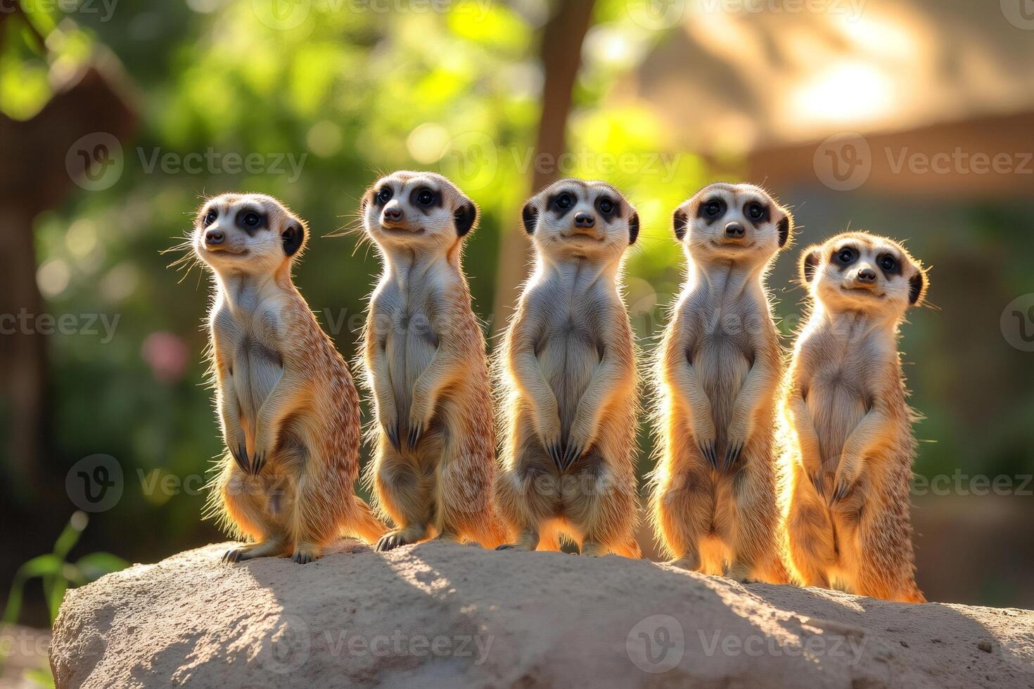 Meerkats standing alert on a rock in the sunlight photo