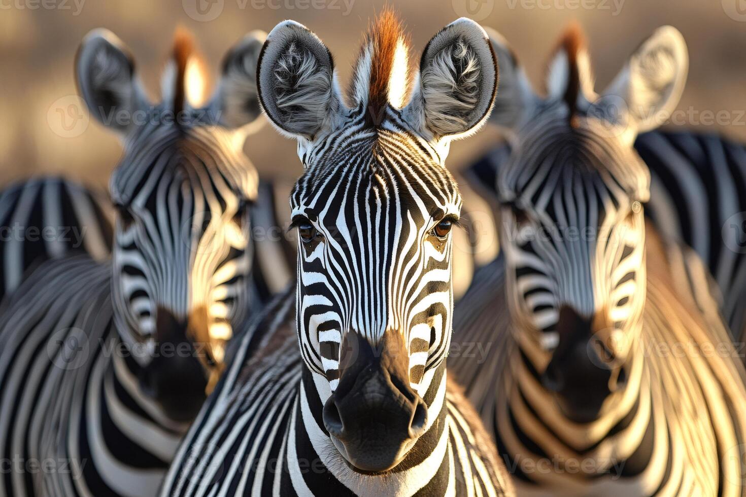 Group of zebras standing together in the african savanna photo